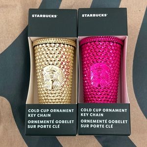 New Starbucks Cold Cup Keychain Ornament Gold and Sangria Bling
